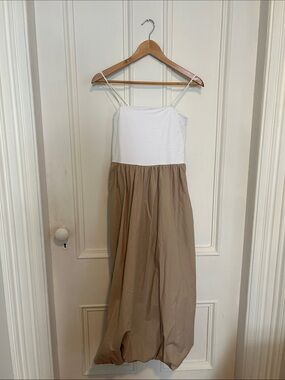 Classic Two-Tone White & Tan Midi Spaghetti Strap Dress
